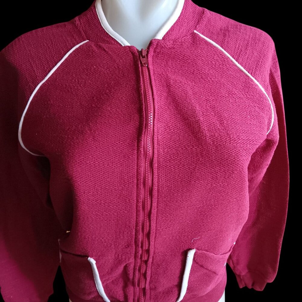 Small True Vintage Top Jacket 1970's Maroon Knit Bomber Piping JC Penney Disco